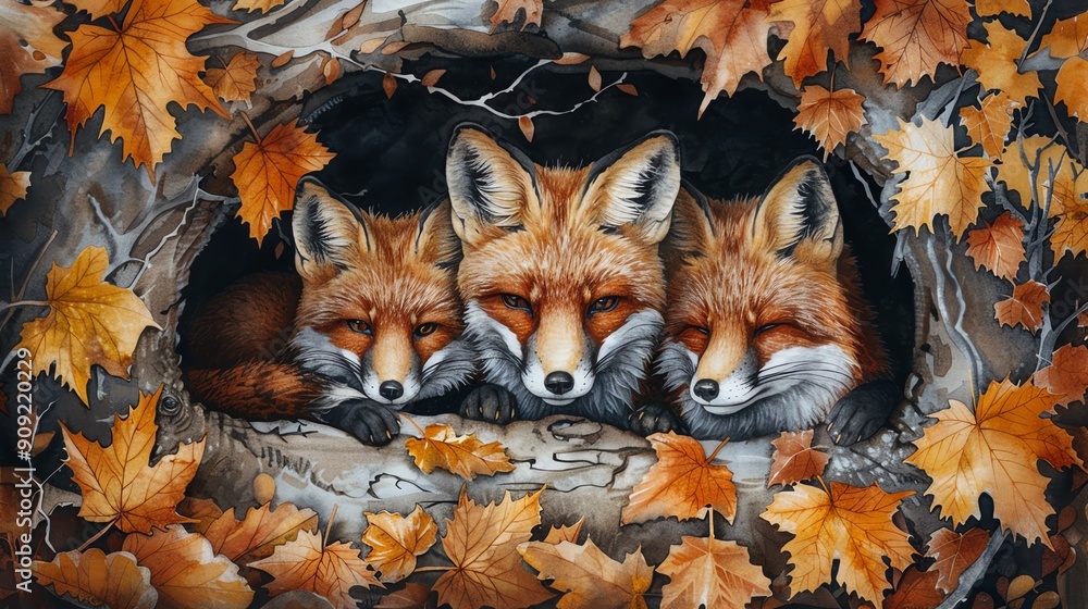 Three red foxes resting in a hollow tree, surrounded by autumn leaves. Three red foxes resting in a hollow tree, surrounded by autumn leaves.