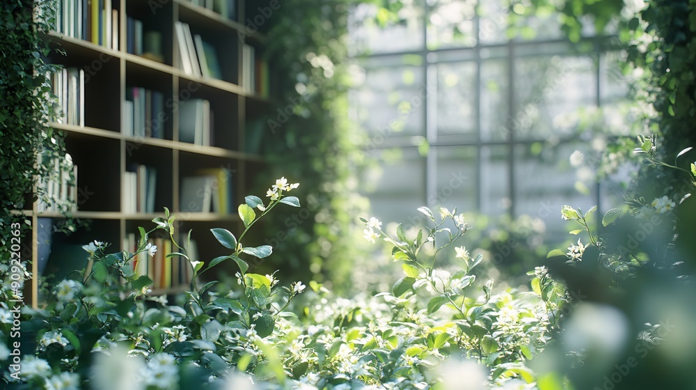 Create a comfortable reading atmosphere in a library surrounded by greenery and books. Blur the background of the bookshelves to highlight the peaceful and relaxing environment. Create a comfortable reading atmosphere in a library surrounded by greenery and books. Blur the background of the bookshelves to highlight the peaceful and relaxing environment.