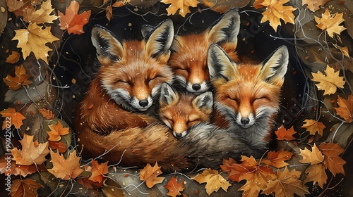 A family of foxes snuggled together in a bed of autumn leaves.