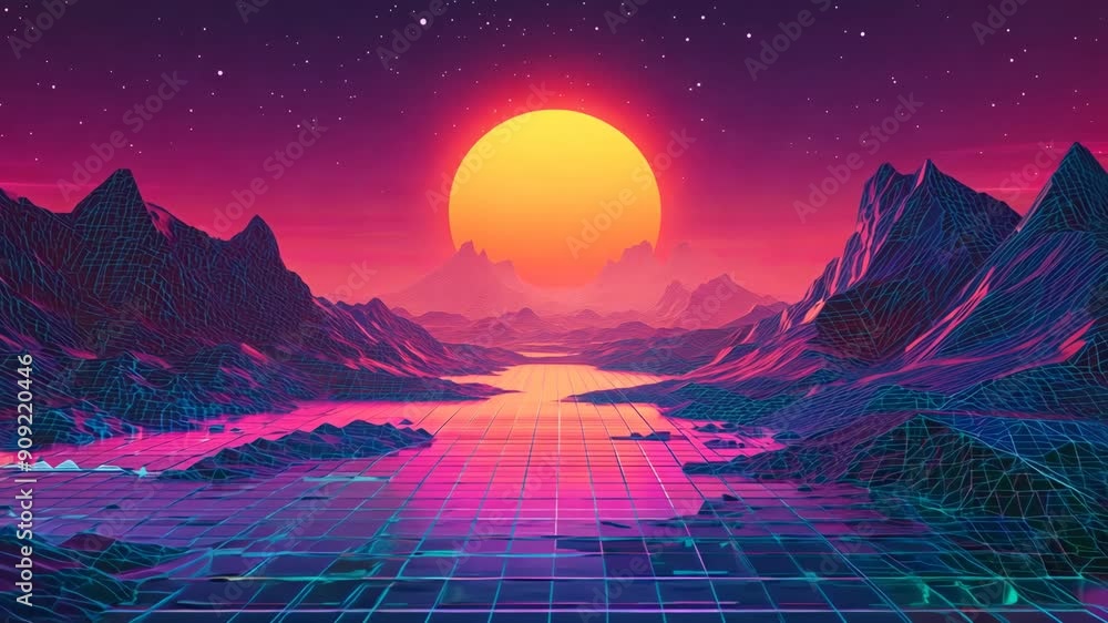 Tropical sunset with palm trees road and mountains. Neon abstract motion background with retro wave landscape. Electronic retro video clip cover. Vivid synthwave, vaporwave animation screensaver.