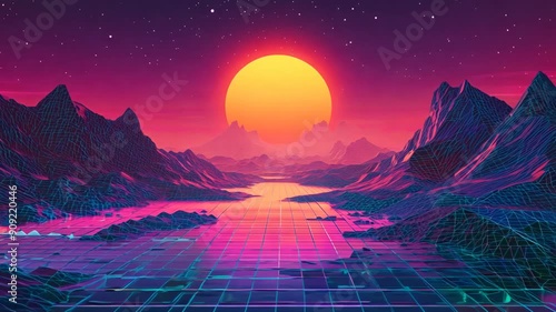 Tropical sunset with palm trees road and mountains. Neon abstract motion background with retro wave landscape. Electronic retro video clip cover. Vivid synthwave, vaporwave animation screensaver.