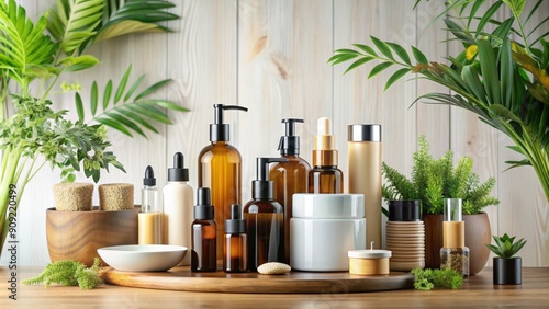 Natural Beauty Products Display on Wooden Tray with Plants, Bottles, Containers, Wooden Background, Organic, Skincare , Beauty