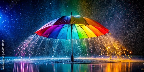 Rainbow Umbrella in a Rainstorm, Umbrella, Rain, Bokeh, Photography