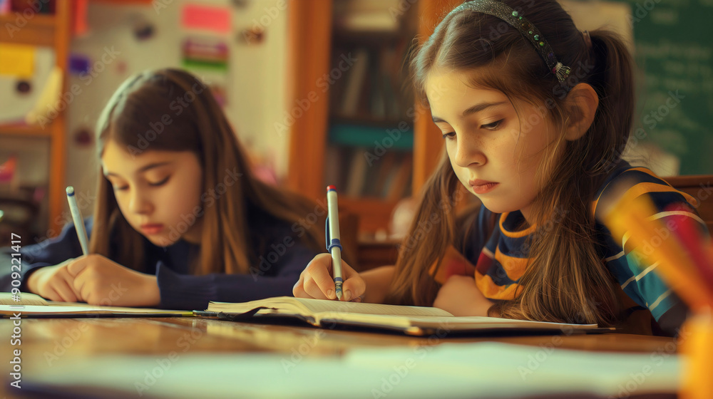 Two young girls, female kids, elementary school pupils or students, classmates sitting together at a desk in a school classroom, writing and reading text during class, studying lesson, education Two young girls, female kids, elementary school pupils or students, classmates sitting together at a desk in a school classroom, writing and reading text during class, studying lesson, education