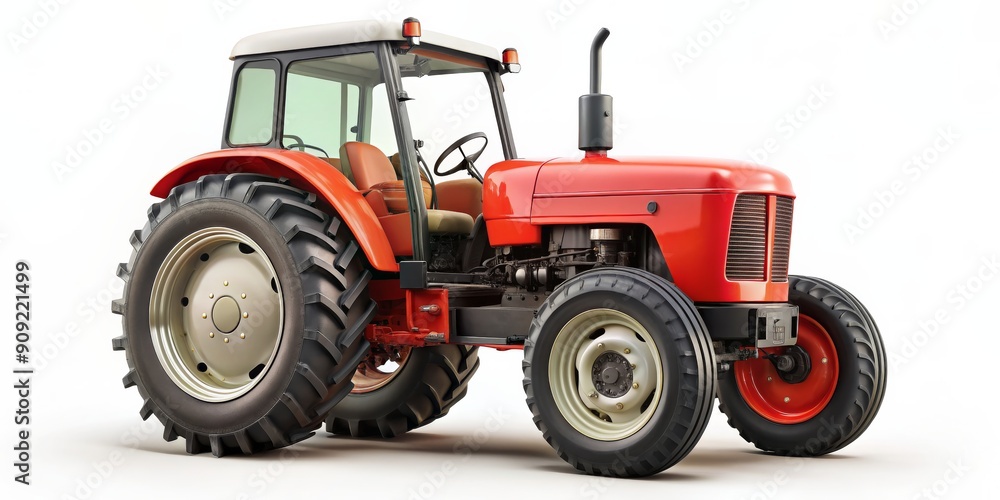 Obraz premium Red Tractor 3D Render Front View with Detailed Features, tractor , agriculture , farm , machinery