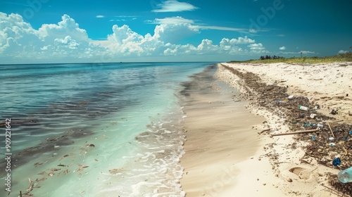 A clean, pristine beach on one side, contrasted with a litterstrewn, polluted shore on the other, environmental and stark, preservation versus pollution