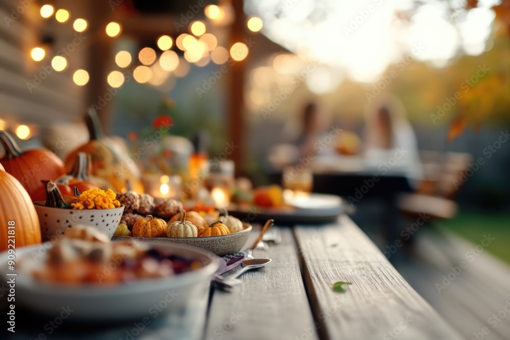 Thanksgiving table setting outdoors with pumpkins and candles. Autumn home decoration Thanksgiving table setting outdoors with pumpkins and candles. Autumn home decoration
