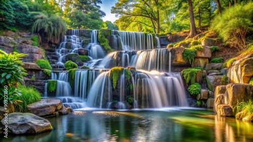Serene Cascading Waterfall in Lush Forest, Long Exposure Photography, Water Flowing Over Rocks, Nature Beauty, waterfall, forest, nature