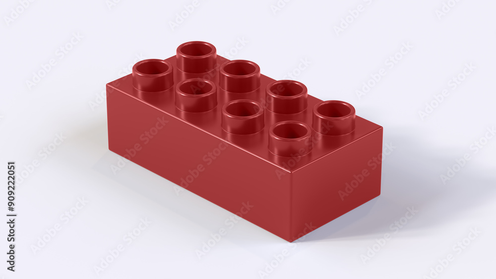 Fototapeta premium Maroon Plastic Building Block on White Background. Children Toy Brick, Perspective View. Close Up View of a Game Block for Construction. 3D Rendering. 8K Ultra HD, 7680x4320, 300 dpi