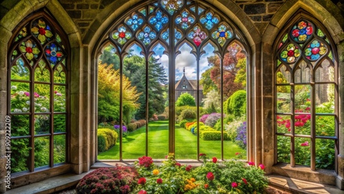 Stone Arch Window with Stained Glass and Garden View  stained glass  garden  arch  window  church