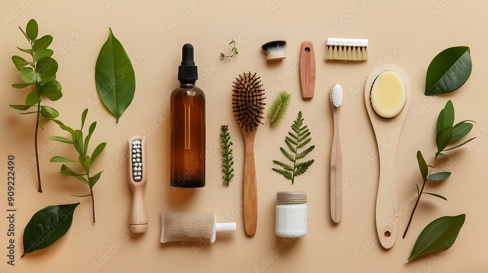 Set of eco friendly lifestyle essentials on beige background Set of eco friendly lifestyle essentials on beige background