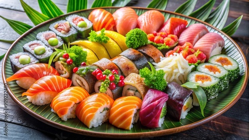 Sushi Platter on Green Leaf Plate, Japanese Cuisine, Seafood, Food Photography, Sushi Rolls, sushi , japanese