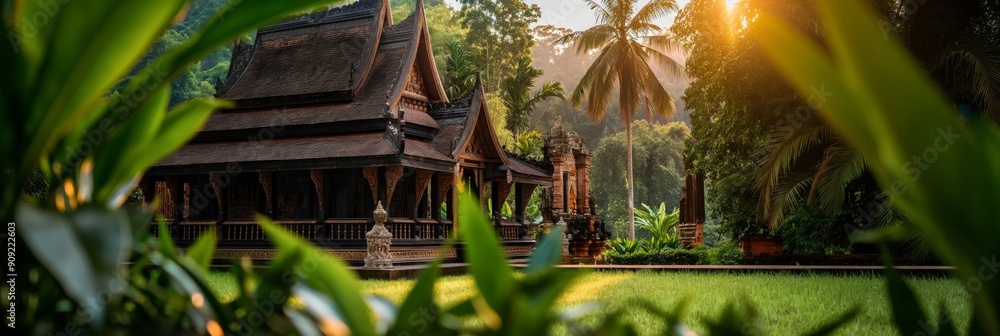Hidden Sanctuary: A picturesque glimpse through lush foliage reveals a traditional wooden house nestled amidst a serene tropical garden. The warm glow of the setting sun casts a golden hue over the sc Hidden Sanctuary: A picturesque glimpse through lush foliage reveals a traditional wooden house nestled amidst a serene tropical garden. The warm glow of the setting sun casts a golden hue over the sc