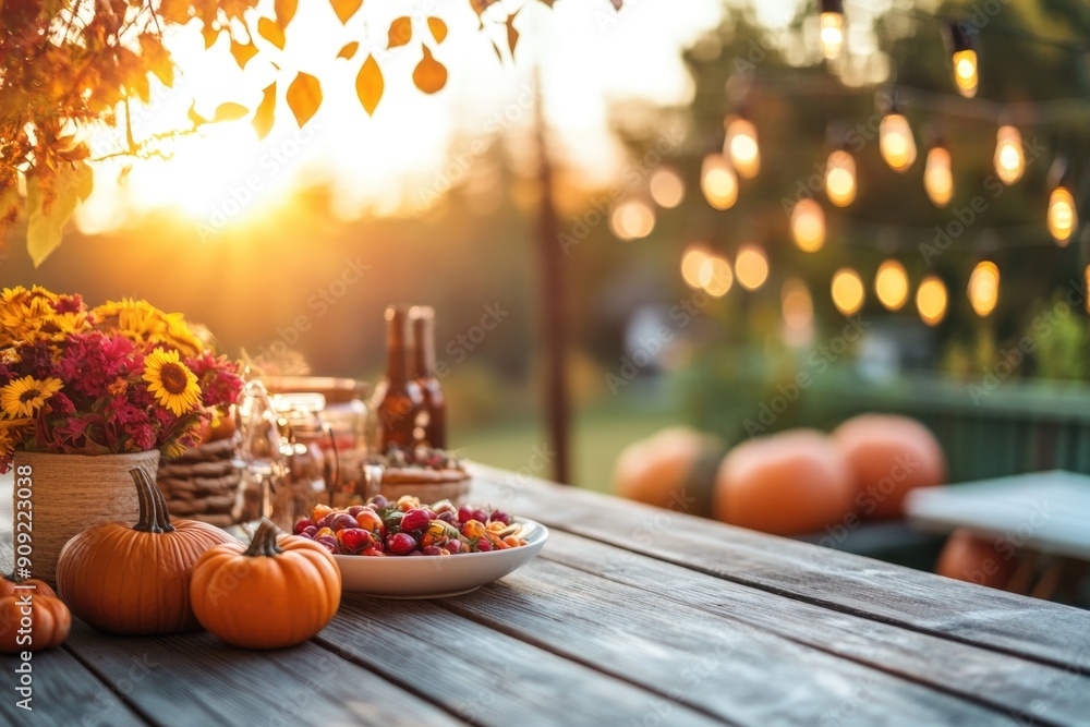 Thanksgiving table setting outdoors with pumpkins and candles. Autumn home decoration Thanksgiving table setting outdoors with pumpkins and candles. Autumn home decoration