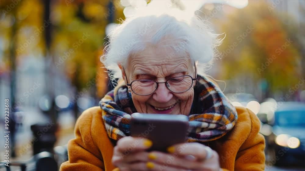 An older woman is sitting on a bench and looking at her cell phone. She is smiling and she is enjoying herself An older woman is sitting on a bench and looking at her cell phone. She is smiling and she is enjoying herself