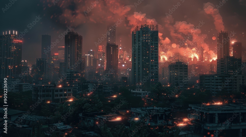 Obraz premium Cityscape with Dramatic Red Sky and Explosions