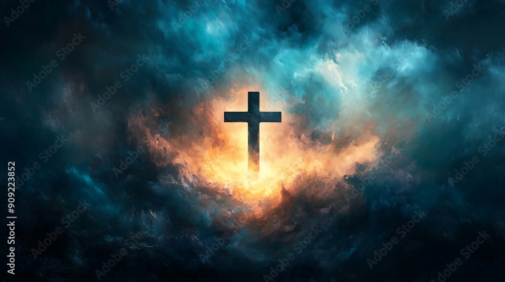 Fototapeta premium A serene cross emanating a soft glow in the center of a storm of vivid and chaotic brushstrokes, representing spiritual calm