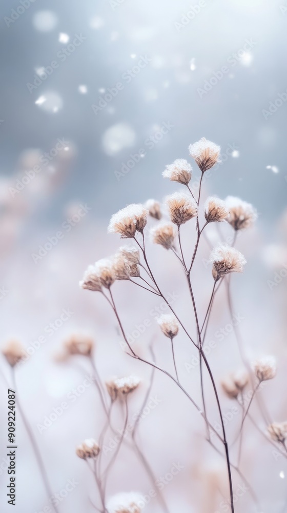 Winter field flowers covered in snow in soft focus, nature in winter concept Winter field flowers covered in snow in soft focus, nature in winter concept