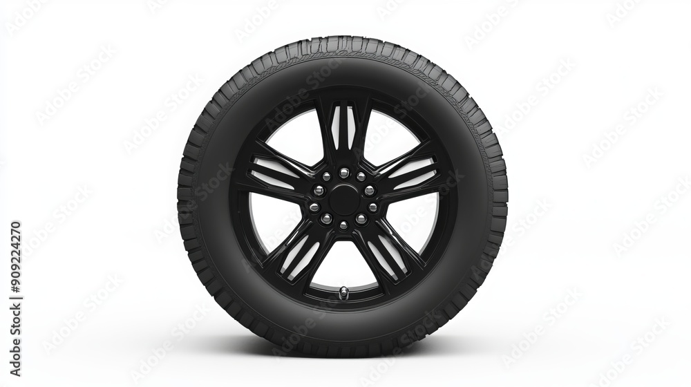 Fototapeta premium A black tire with a wheel isolated on a white background.