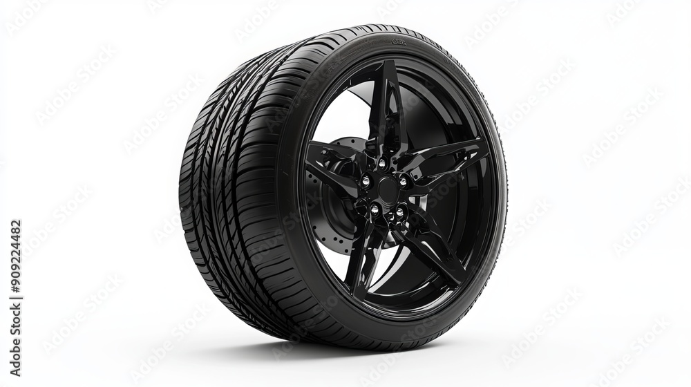 Obraz premium A black tire with a wheel isolated on a white background.