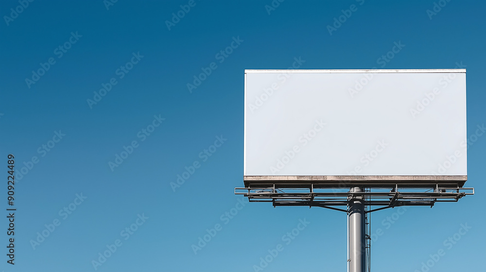 A large blank billboard positioned against a clear blue sky. The billboard is rectangular in shape and appears to be empty, ready for advertisement. It is mounted on a metal structure A large blank billboard positioned against a clear blue sky. The billboard is rectangular in shape and appears to be empty, ready for advertisement. It is mounted on a metal structure