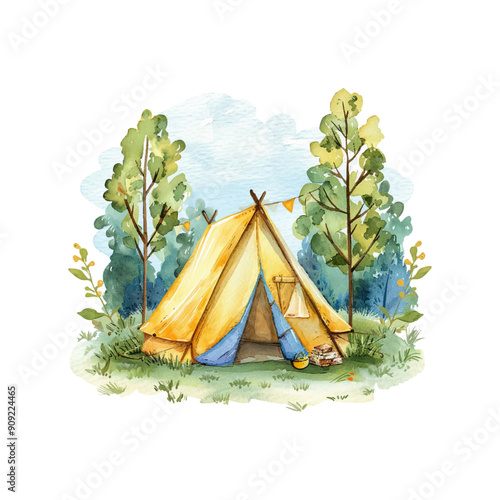 camp in nature vector illustration in watercolor style