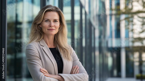 A woman with long blonde hair, standing in front of a modern building with glass facades. She is wearing a light-colored blazer and a black top. She has a confident and thoughtful expression Free Download A woman with long blonde hair, standing in front of a modern building with glass facades. She is wearing a light-colored blazer and a black top. She has a confident and thoughtful expression - GFXLoad