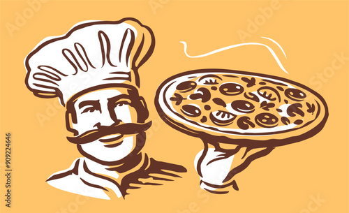 Chef and pizza. Italian restaurant vector illustration