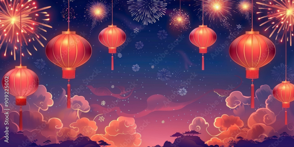 Traditional Chinese lanterns against fireworks in night sky, background Traditional Chinese lanterns against fireworks in night sky, background