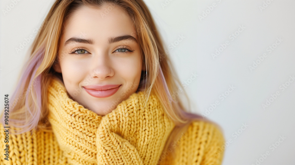 Smiling woman in a yellow sweater portrait. Captivating close-up photography showcasing warmth and happiness in fashion style. Ideal for cheerful and vibrant imagery Smiling woman in a yellow sweater portrait. Captivating close-up photography showcasing warmth and happiness in fashion style. Ideal for cheerful and vibrant imagery
