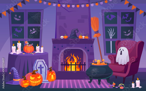 Halloween interior room. House with spooky holiday decoration