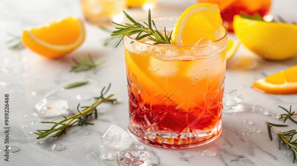 Fototapeta premium Red orange and lemon cocktail with rosemary on white marble