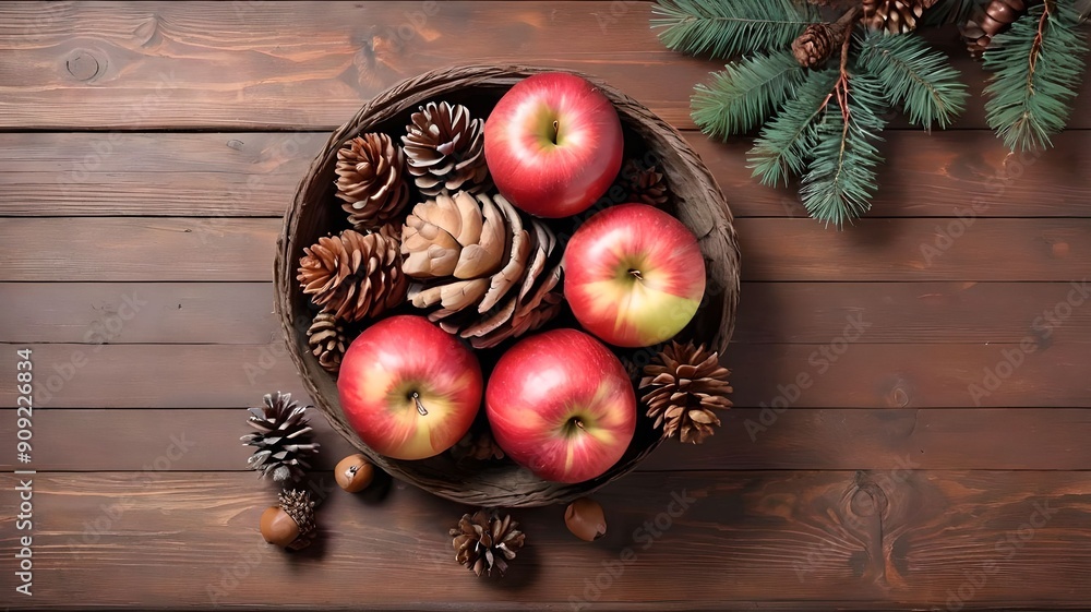 Red apples, pine cones, acorns, Top view of autumn themed still life on wooden background with space for text. Red apples, pine cones, acorns, Top view of autumn themed still life on wooden background with space for text.
