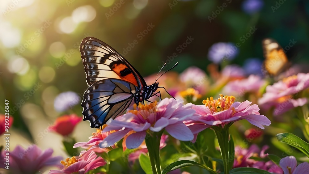 Obraz premium Butterfly And Flowers In Garden
