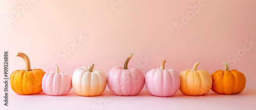 Minimal composition of pastel colorful pumpkins with copy space on a pink. Fall harvesting seasonal, Thanksgiving day concept. Autumn sale background. Generative ai