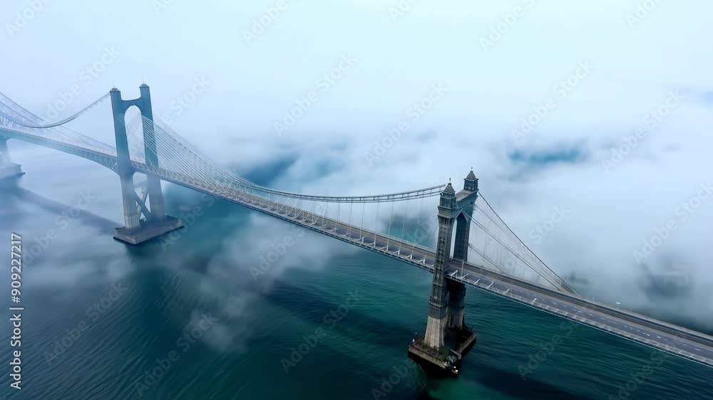 Bridge over the river in morning fog. Abstract suspension bridge on natural landscape with aerial view Bridge over the river in morning fog. Abstract suspension bridge on natural landscape with aerial view