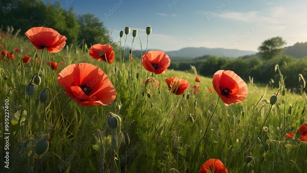 Fototapeta premium Red Poppies in a Sunny Meadow