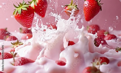 Slow motion animation, strawberries in milk cream 