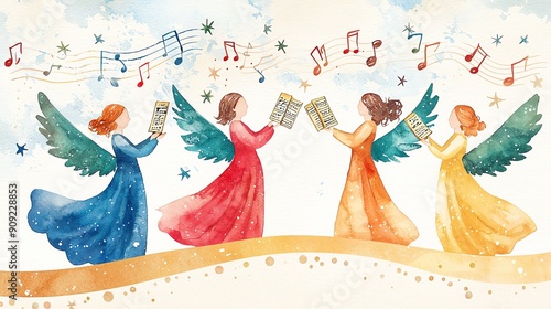 A vibrant illustration of angels singing joyfully with musical notes in a whimsical, colorful setting.