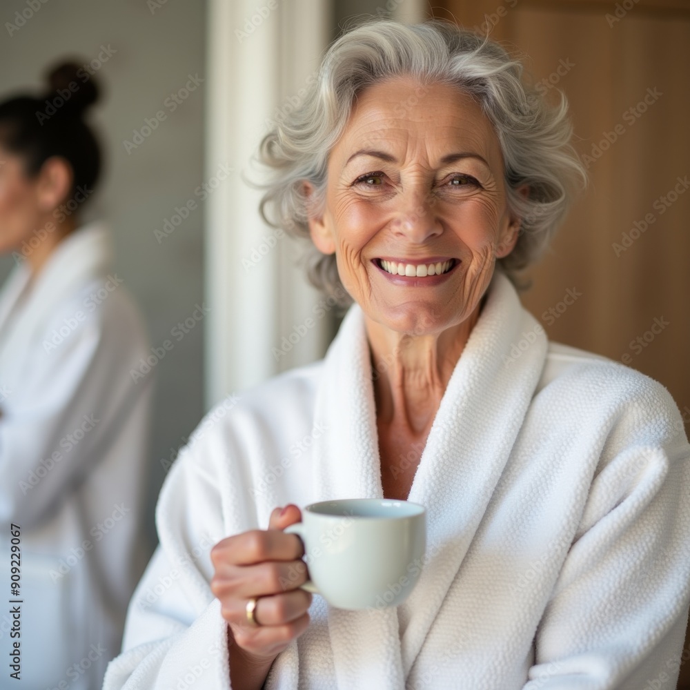 photo of senior older woman with white bath robe holding cup of coffee , generative AI photo of senior older woman with white bath robe holding cup of coffee , generative AI