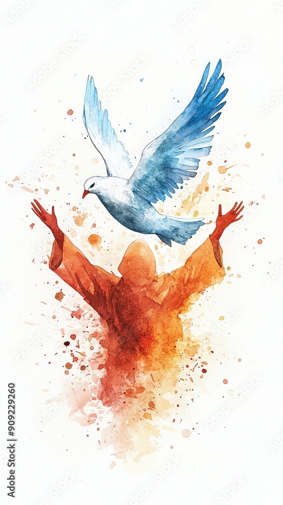 A vibrant watercolor image depicting a figure with outstretched arms releasing a dove, symbolizing peace and hope. A vibrant watercolor image depicting a figure with outstretched arms releasing a dove, symbolizing peace and hope.