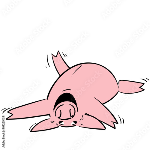 Pig on the ground belly up laughing his head off in cartoon style vector very simple and ready to print