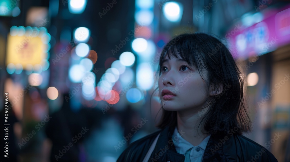 beautiful japanese woman stands in a city at night with blurred background beautiful japanese woman stands in a city at night with blurred background