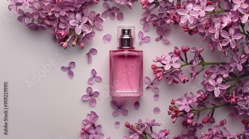 A perfume bottle surrounded by vibrant lilac flowers with soft, dreamy lighting. Romantic and luxurious fragrance concept. photo