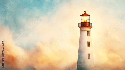 A serene lighthouse standing tall against a beautiful sunset, casting light upon the ocean, symbolizing guidance and safety.