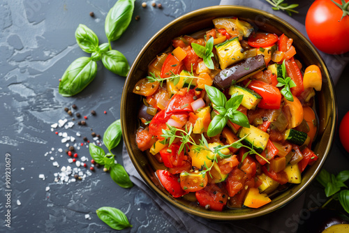 Frying pan with tasty ratatouille. French cuisine.