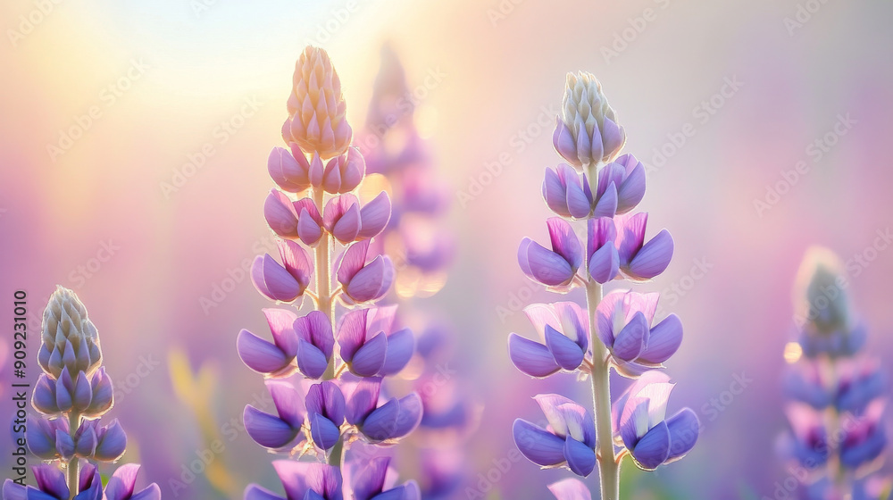 Blooming lupine flowers at sunrise, dreamy pastel colors. Nature and tranquility concept Blooming lupine flowers at sunrise, dreamy pastel colors. Nature and tranquility concept