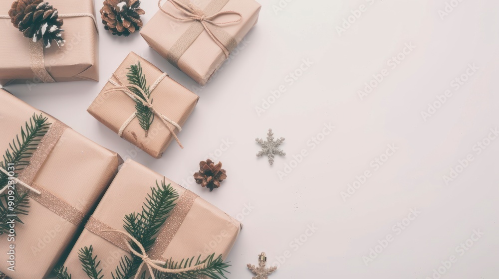 Christmas gifts wrapped in brown paper with pinecones and branches on a white background. Christmas gifts wrapped in brown paper with pinecones and branches on a white background.