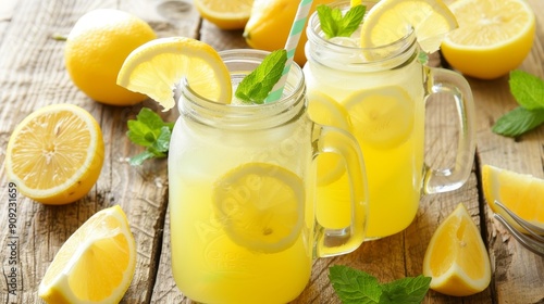 Refreshing Lemonade in Glass Jars with Lemon Wedges and Colorful Straws, Perfect for Summer Gatherings and Hydration photo