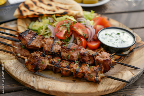 Fried souvlaki, greek salad and tzatziki